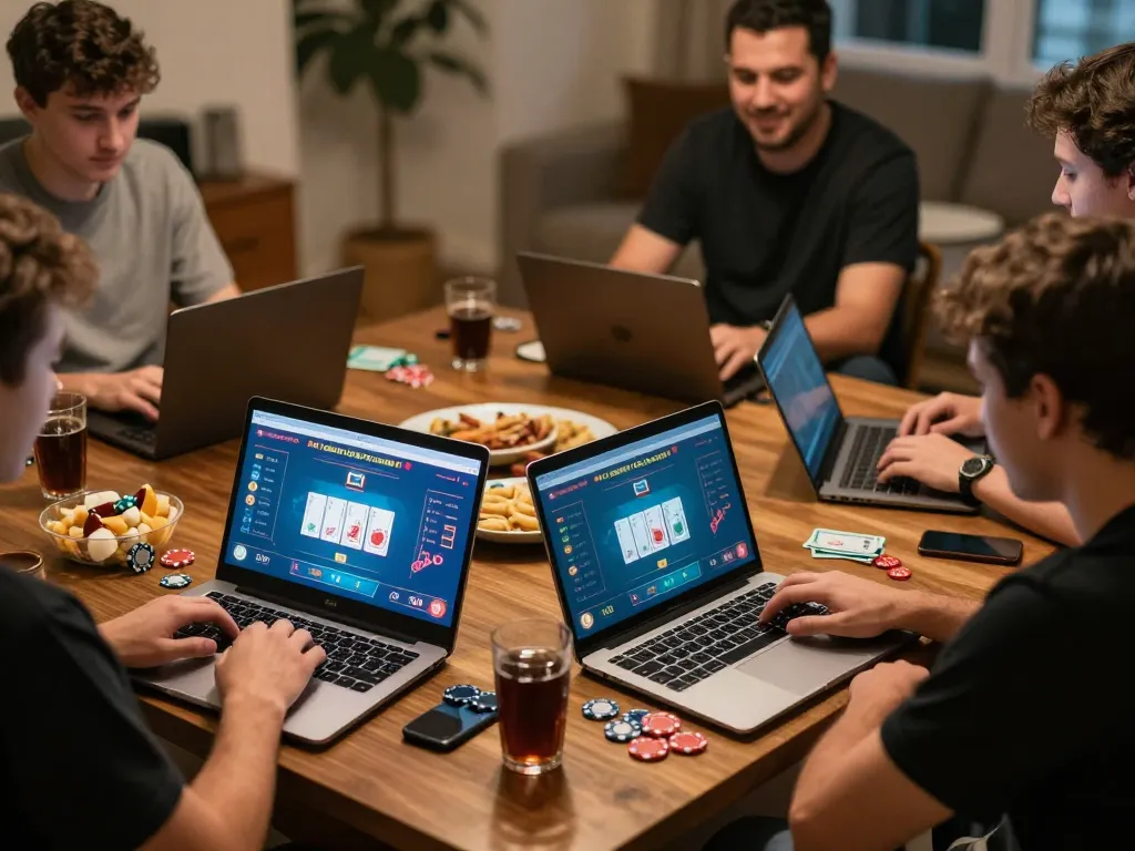 MPO08 players strategizing during an engaging online poker session at home, showcasing lively gaming atmosphere.