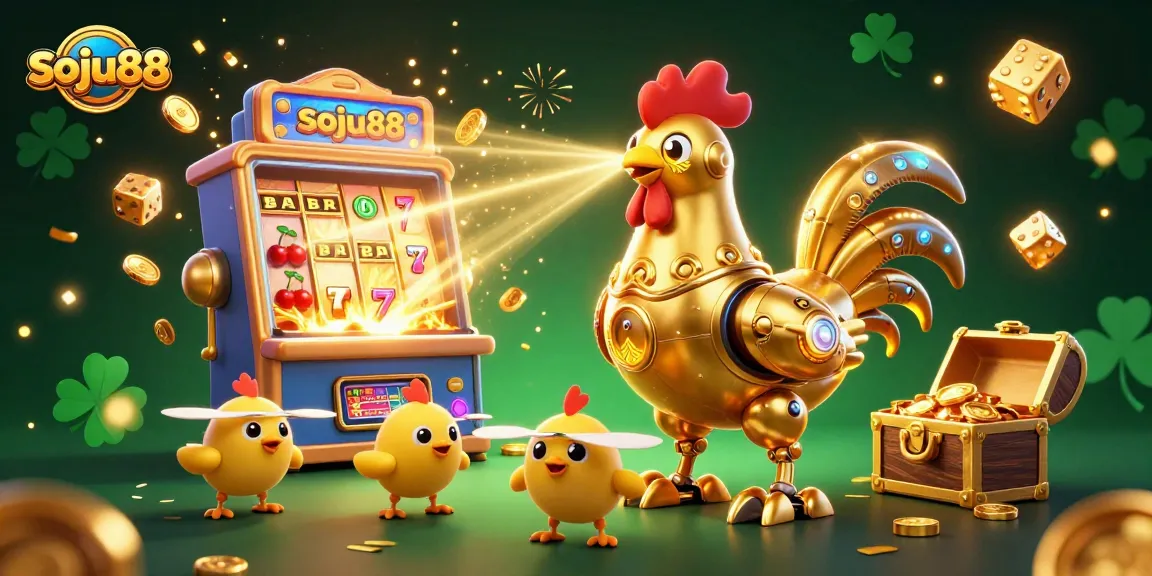 Experience the thrilling visuals of soju88 with a vibrant casino explosion featuring a golden rooster robot.