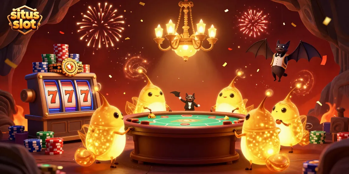 Experience exhilarating situs slot games in a vibrant cave casino illuminated by glowing characters.