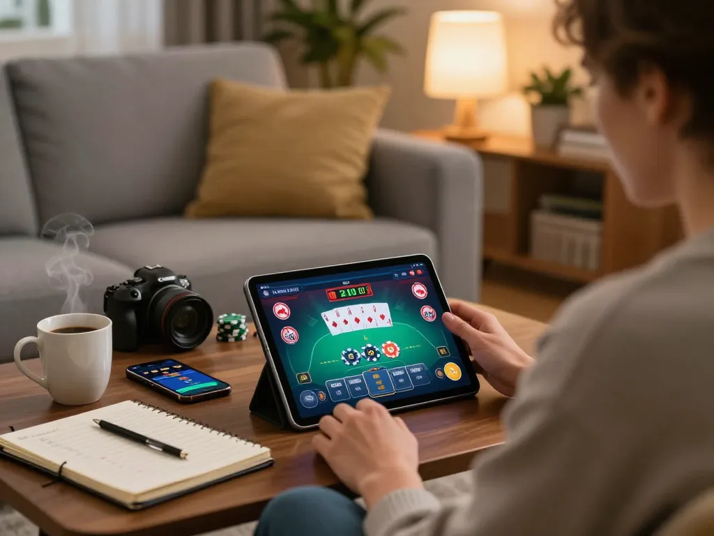 Player engaging in poker on a tablet with betting strategies noted, showcasing lc88 casino experience at home.