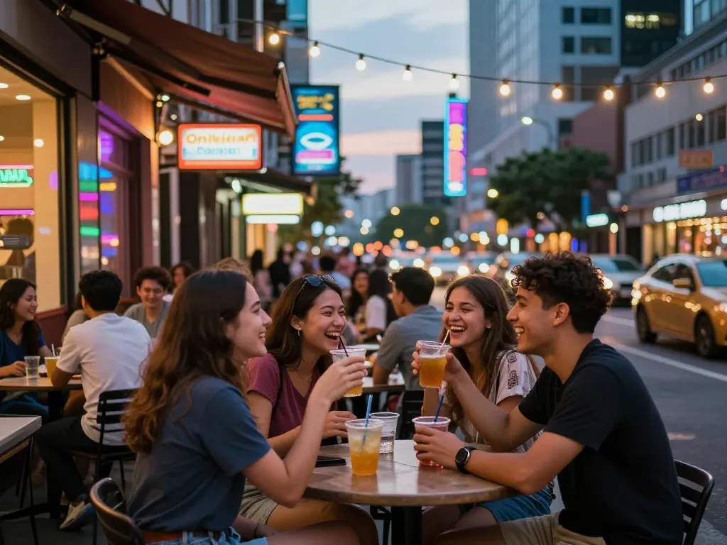 Friends enjoying nightlife and NET88 promotions in a vibrant urban setting.