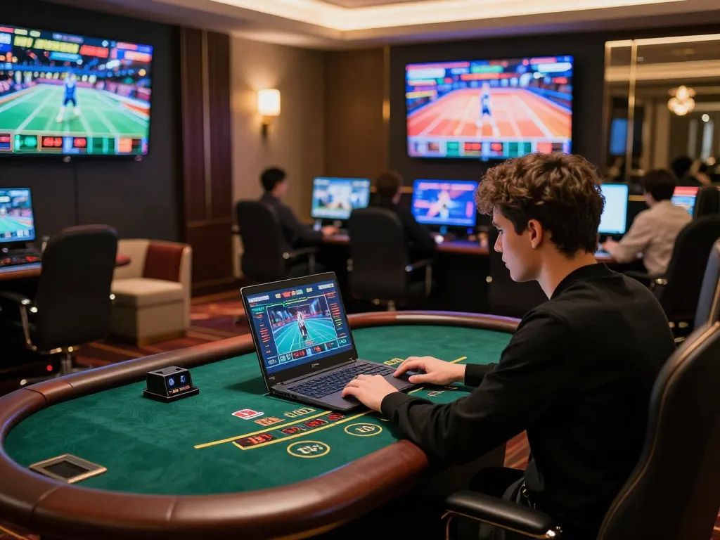 KADAL778 player engaged in live dealer blackjack on laptop in upscale gaming environment