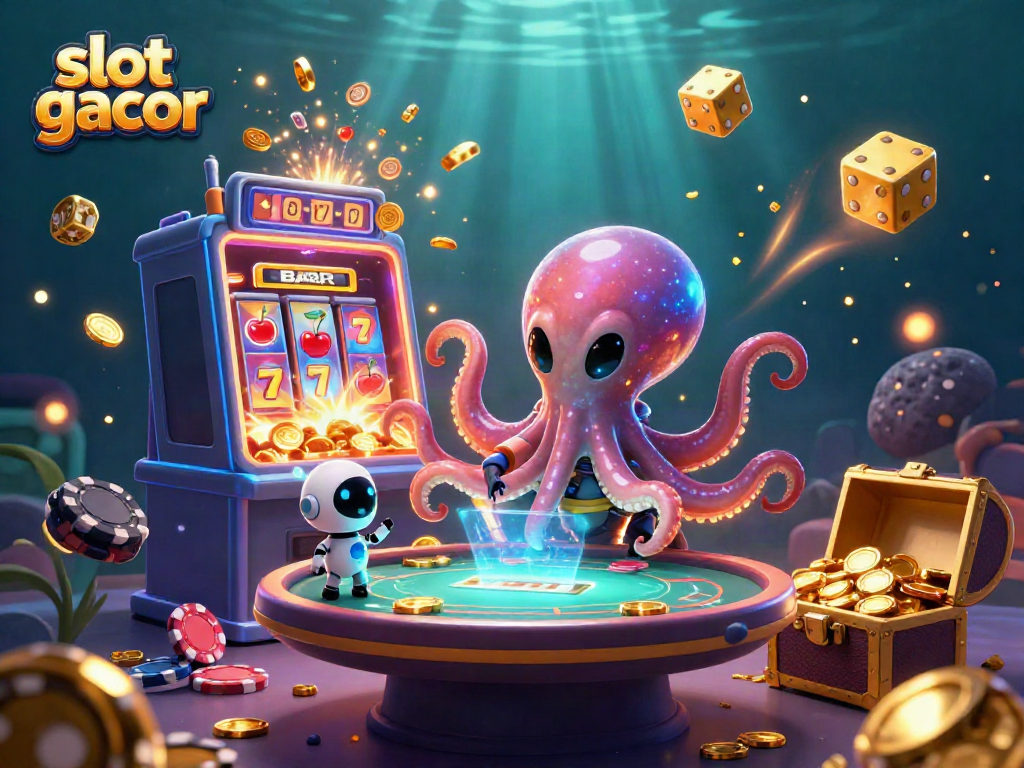 Experience thrilling action with the slot gacor octopus and holographic poker table in this vibrant casino scene.