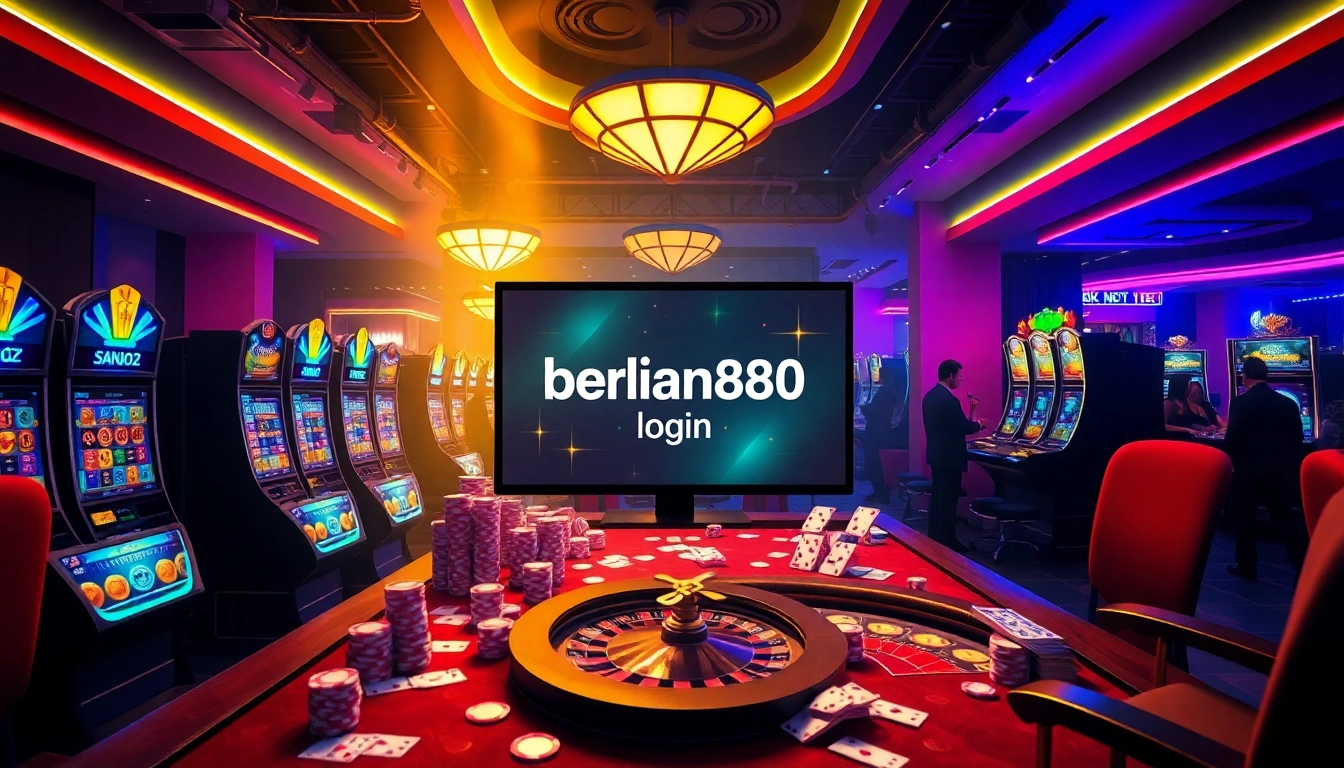 Berlian888 login interface highlights the excitement of winning at a luxurious casino, featuring bright slot machines and poker chips.
