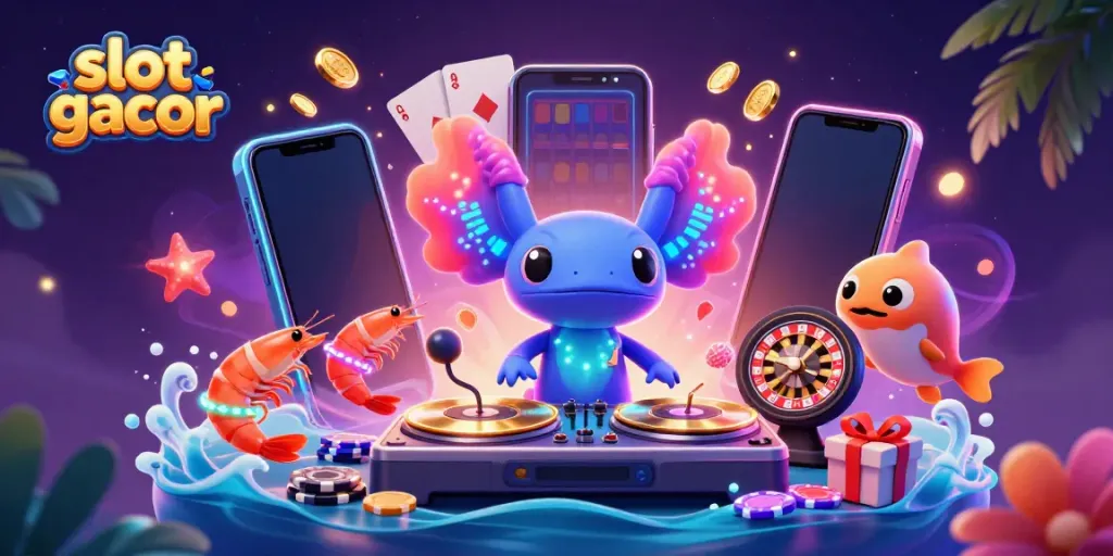 Slot gacor dengan DJ neon warna-warni dan elemen permainan yang dinamis dalam ilustrasi 3D.
