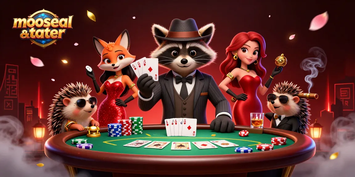 In a vibrant casino scene, the charming raccoon character from mooseandtater showcases a royal flush hand amidst a dynamic poker setting.