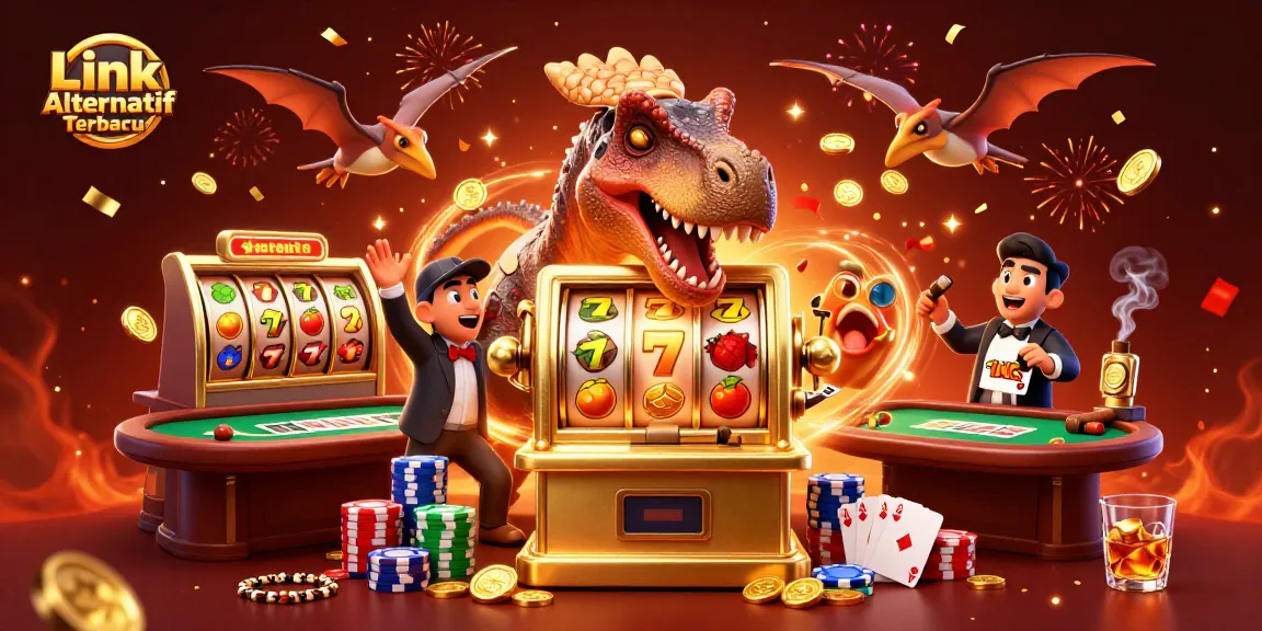 Experience big wins at Link Alternatif Terbaru with golden coins flying around a lively casino scene.