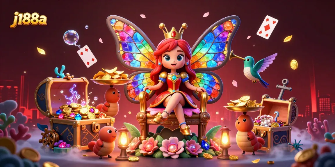 Experience thrilling gaming with j188a in this vibrant casino illustration featuring a butterfly queen.