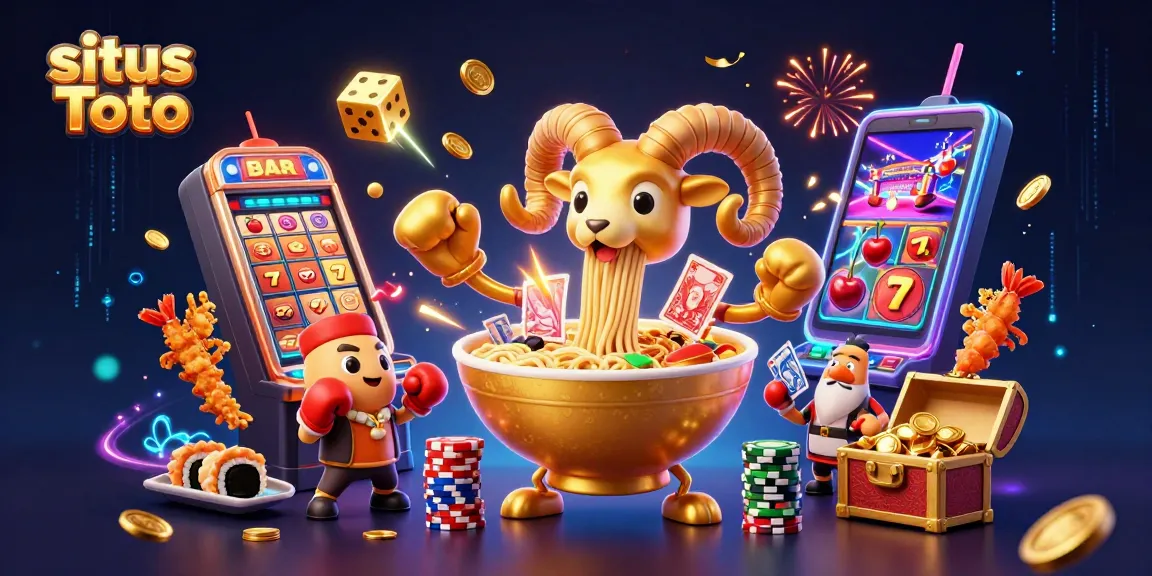 Situs Toto gaming scene featuring dynamic characters like a giant ramen bowl dealer amidst exciting slot game elements.