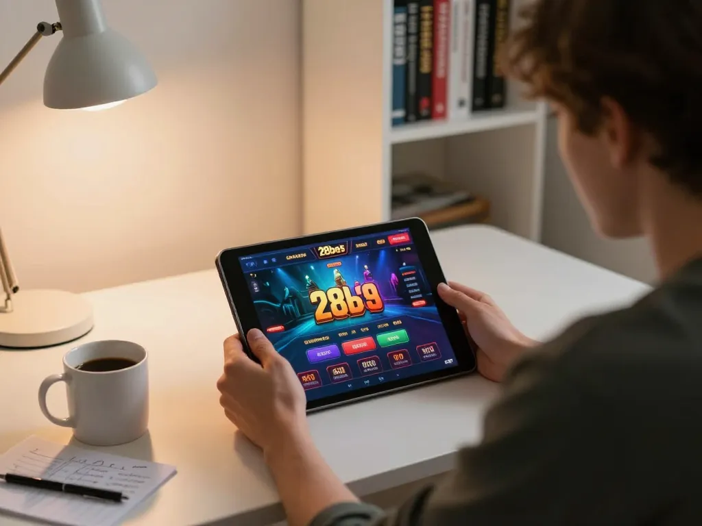 Player engaging in the 28bets online casino on a tablet, showcasing a cozy home gaming setup.