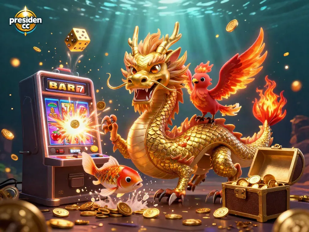 Experience the excitement of presiden cc with a dazzling 3D illustration featuring a golden dragon and slot machine bursting with coins.