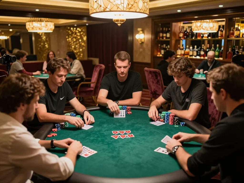 Players strategizing at a high-stakes poker game on BERLIAN889 platform with elegant decor and vibrant chips