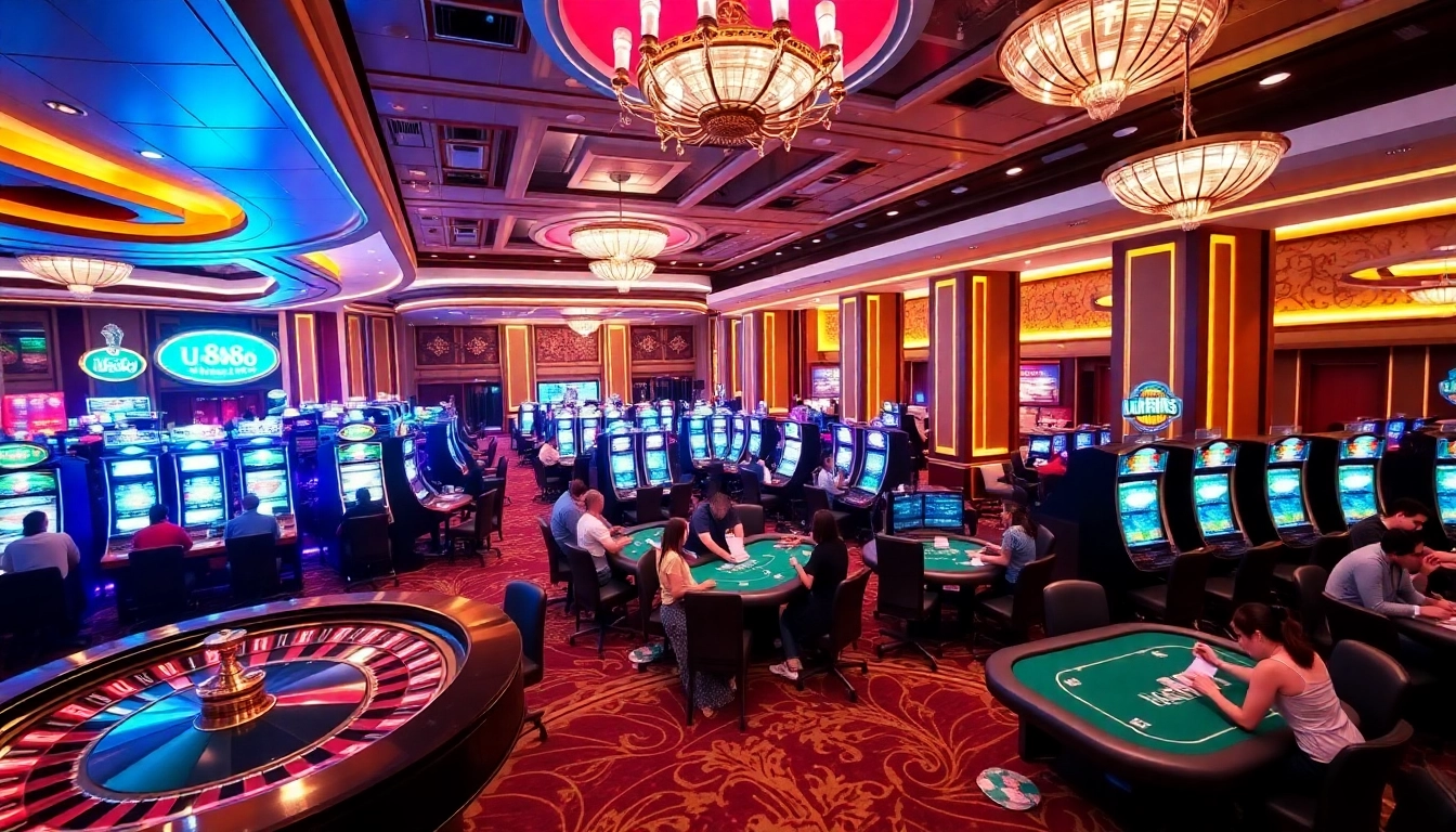 Excited players engaging with U888 casino games, showcasing vibrant gaming floor activities.