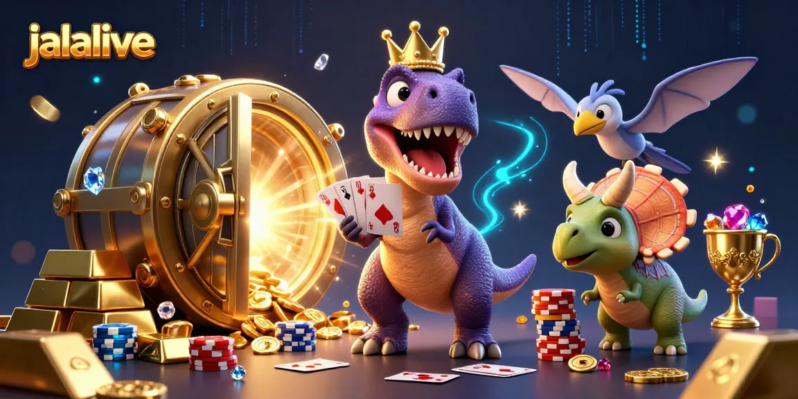 Experience the excitement of jalalive with cartoon dinosaurs enjoying a lively poker scene surrounded by treasure.