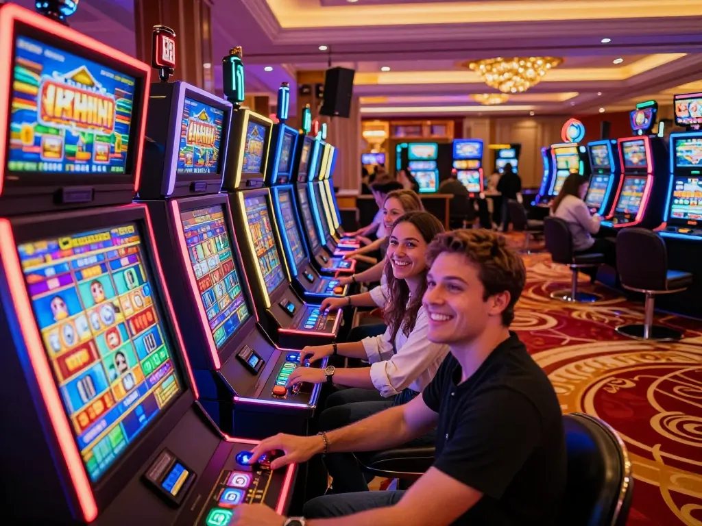 Players enjoying vibrant slot machines at 78win casino, immersed in gaming excitement