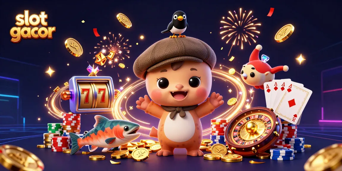 Visualisasi slot gacor dengan karakter kartun dan elemen kasino, menampilkan keseruan permainan.