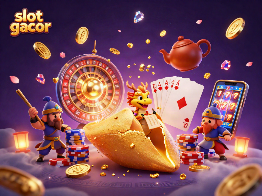 Gali keberuntungan dengan slot gacor, sambil dikelilingi monster beruntung dan koin emas melimpah.