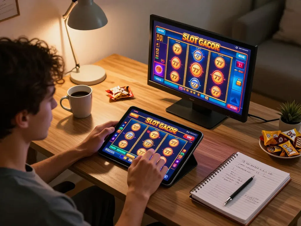 Experience the excitement of SLOT GACOR 777 while enjoying an online gaming session in a cozy home setting.