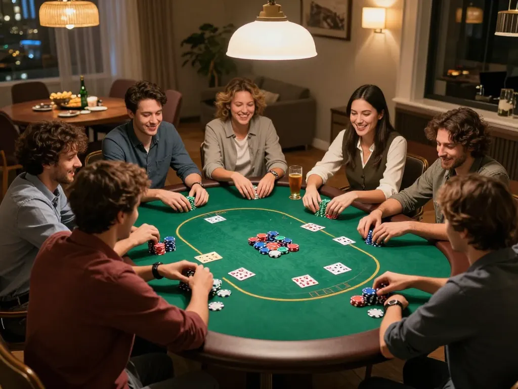 Nego77 players enjoying a friendly poker game night with vibrant chips on the table.
