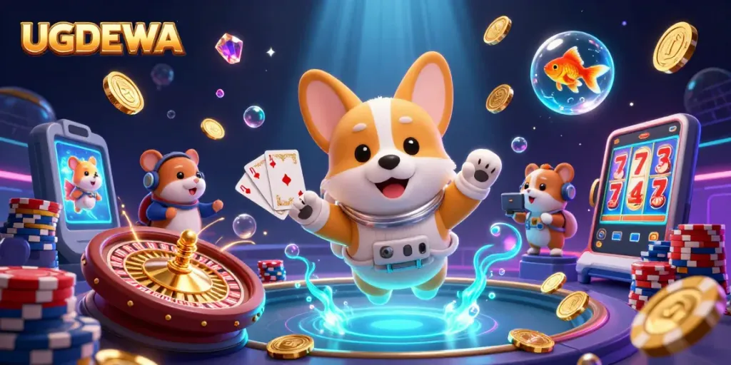 Spin the lucky reels and win at UGDEWA with festive characters and vibrant casino elements.