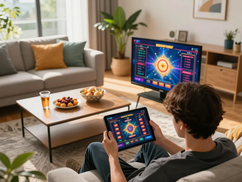 Pemain yang terlibat menikmati permainan Bandar Togel Slot di tablet di rumah, suasana permainan yang berwarna-warni.