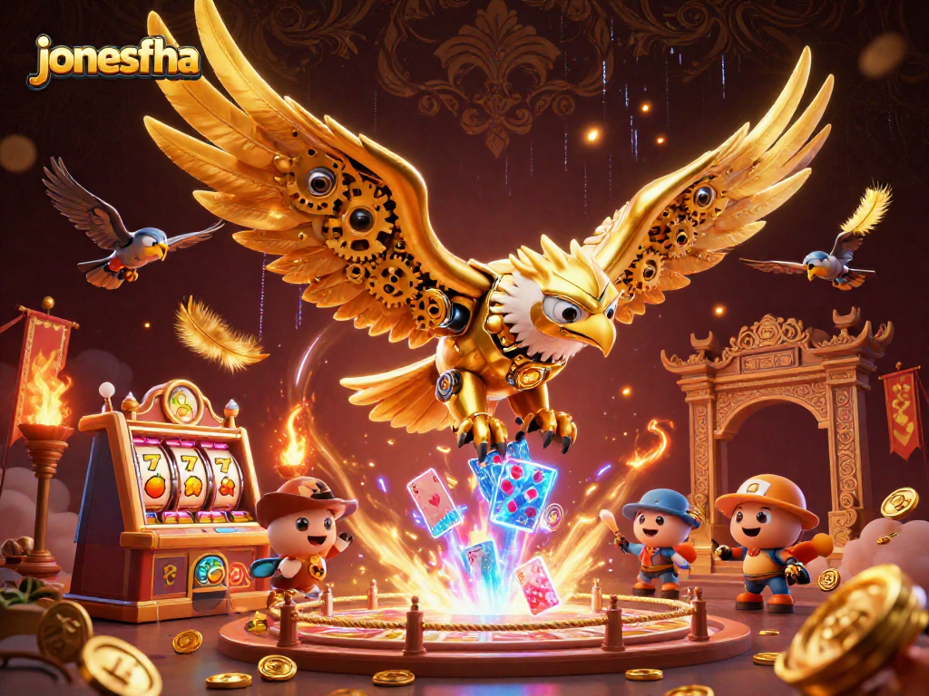 Join the thrilling casino experience with jonesfha's dynamic diving eagle amidst holographic playing cards.