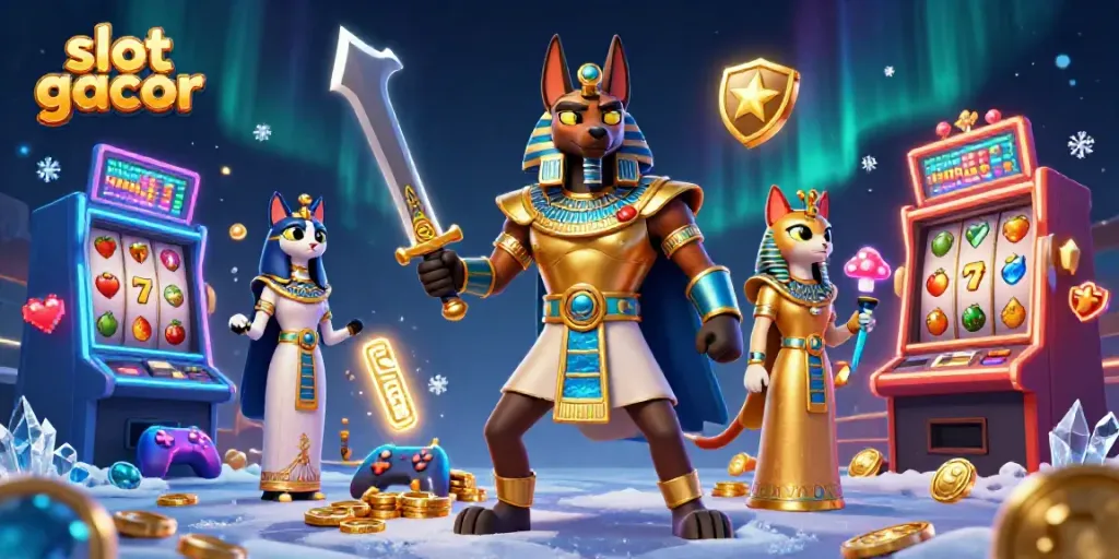 Ilustrasi 3D slot gacor dengan karakter Anubis dan Bastet dikelilingi mesin slot berwarna-warni dan simbol keberuntungan.