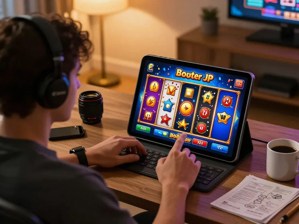Player enjoying a winning spin on the Booster JP slot machine, highlighting a colorful online gaming experience.