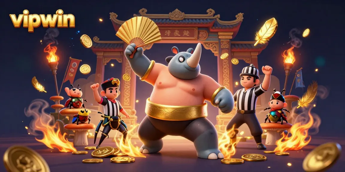 Experience thrilling action at vipwin with a rhinoceros beetle champion amidst dazzling casino elements.