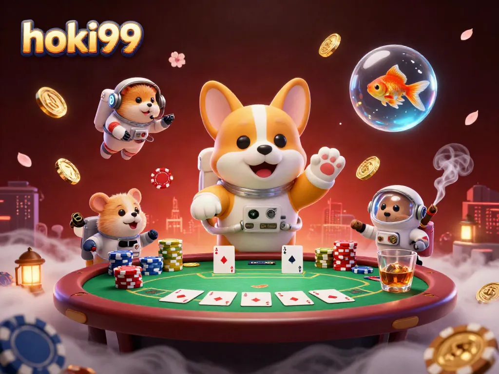 Hoki99 permainan kasino yang menarik dengan astronaut corgi dan karakter lainnya dalam ilustrasi 3D