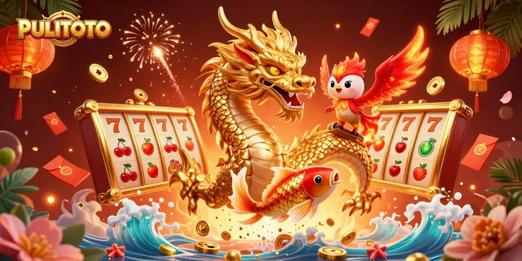 Embrace winning moments at PULITOTO with a majestic dragon, phoenix, and koi fish amid rich casino elements.