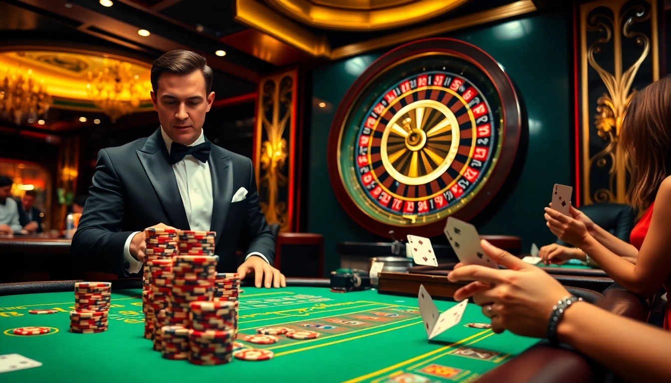 Situs 11 captures the excitement of a luxurious casino with vibrant tables and engaged players.