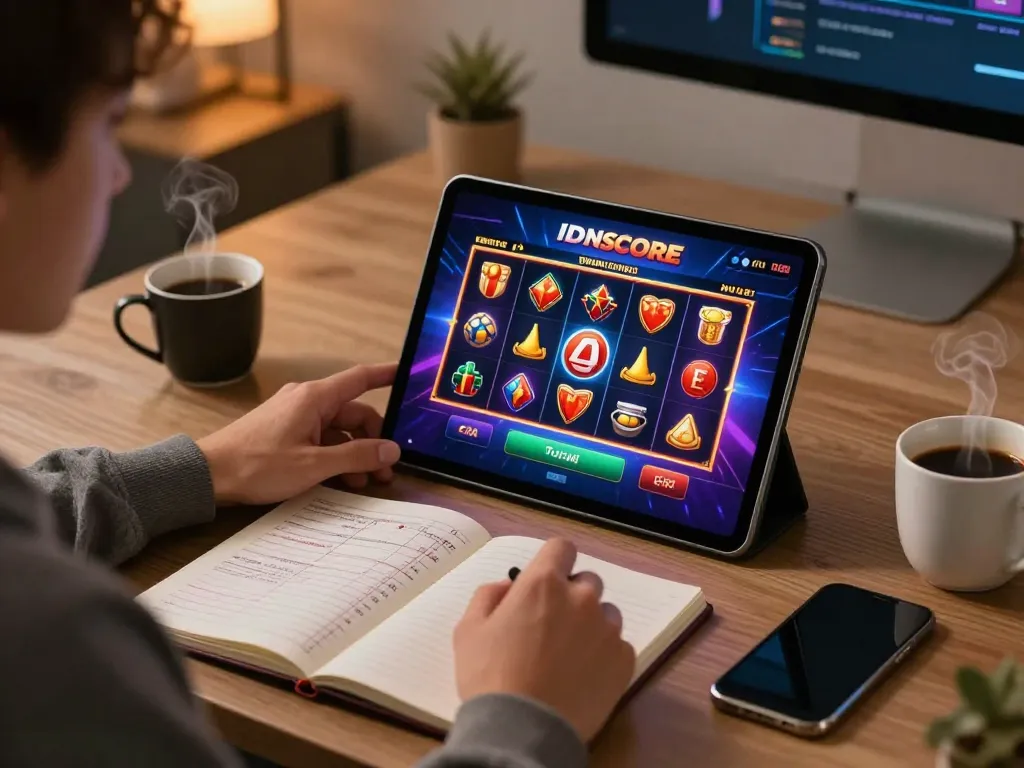 IDNSCORE online casino gameplay on tablet showing vibrant slot game interface in modern home office.