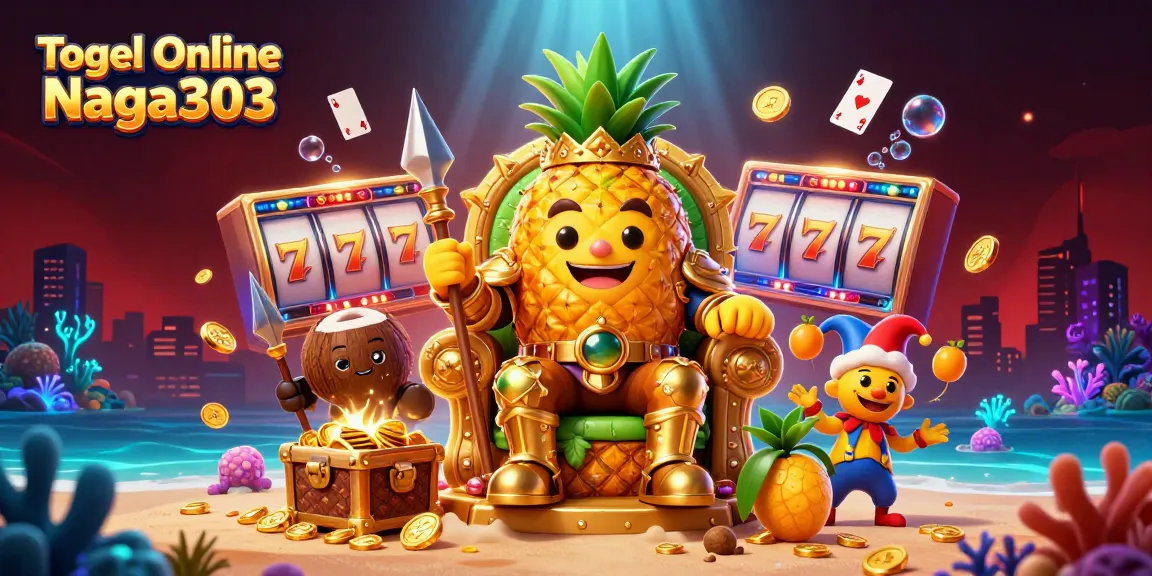 Togel Online Naga303 showcases a dynamic casino scene with vibrant characters and slot elements.