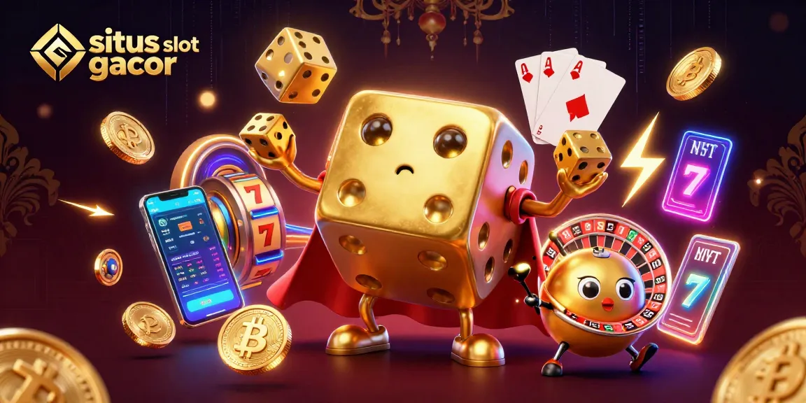 Experience thrilling wins with situs slot gacor, showcasing vibrant slot reels and golden dice golems