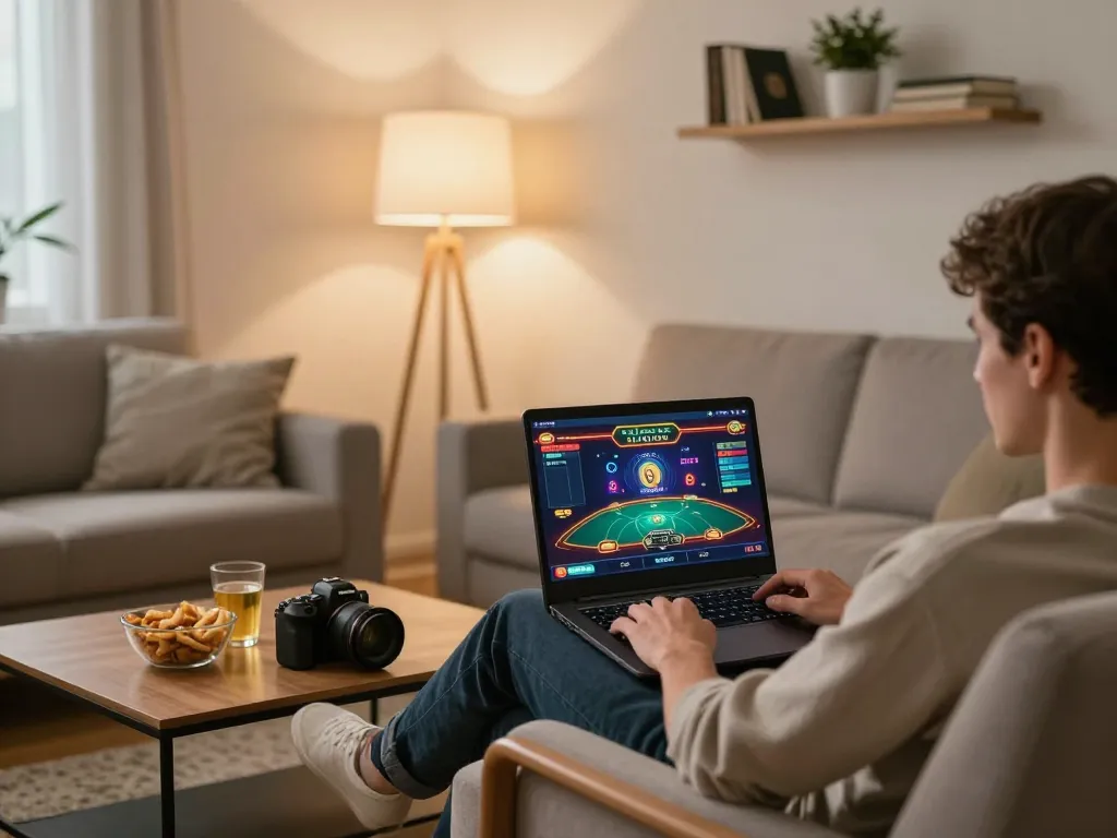 LGO99 player engaging in online casino gaming at home with a laptop in a cozy setting.