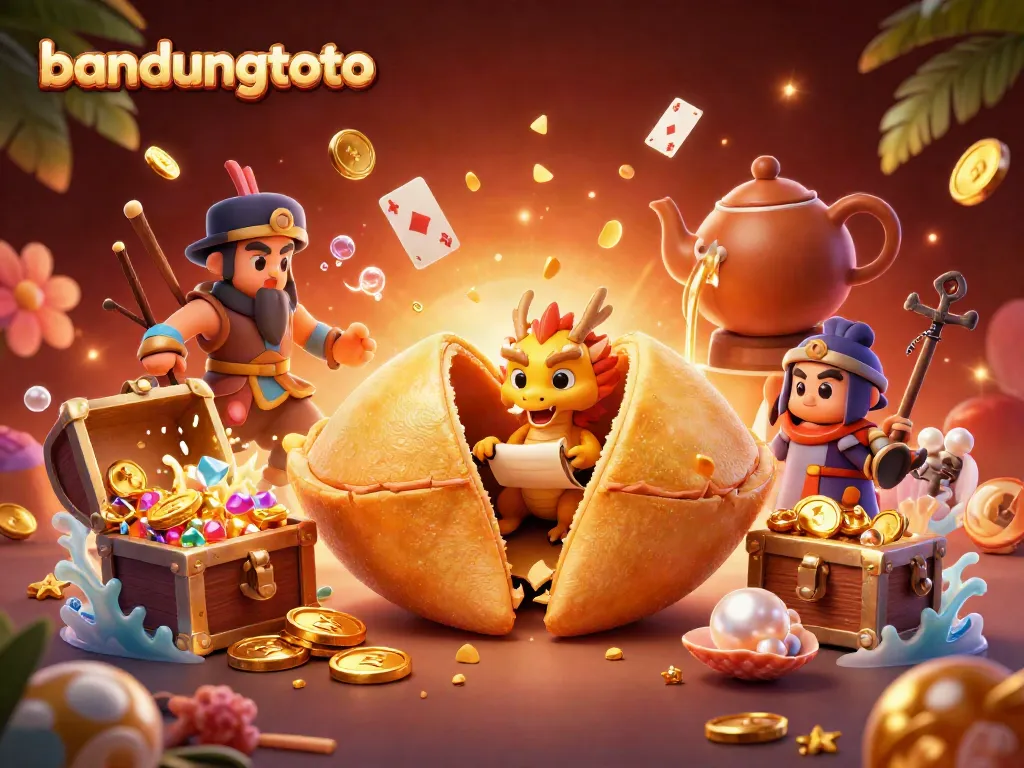 Experience seamless gaming with bandungtoto, featuring a dynamic 3D casino scene with fortune cookie characters.