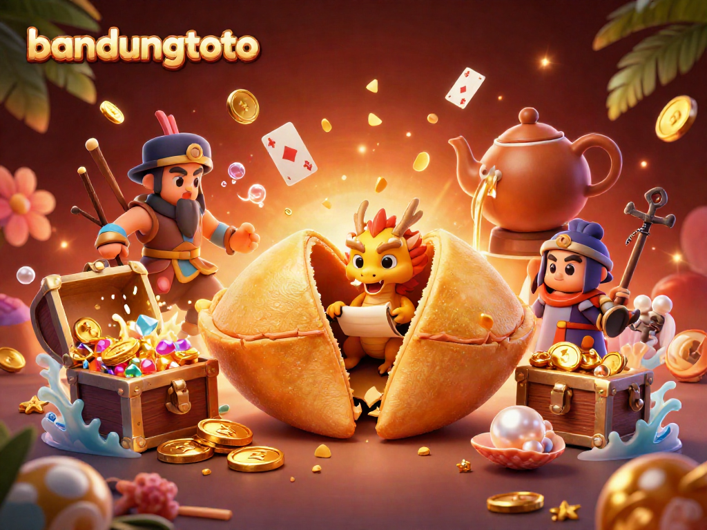 Experience seamless gaming with bandungtoto, featuring a dynamic 3D casino scene with fortune cookie characters.