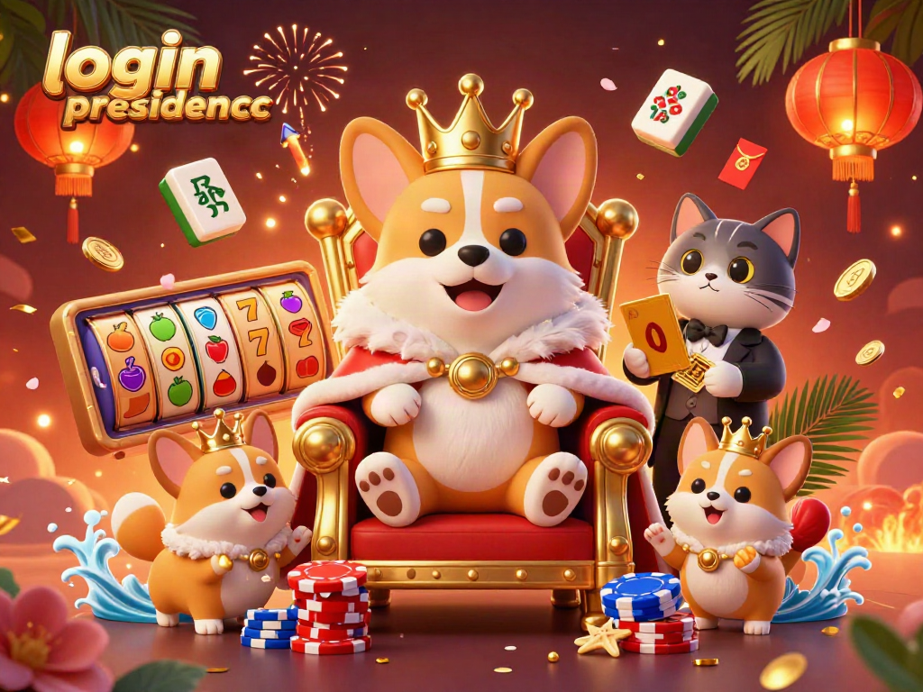 Spin slot reels and enjoy royal gaming with login presidencc's cartoon corgi king in a vibrant casino scene.