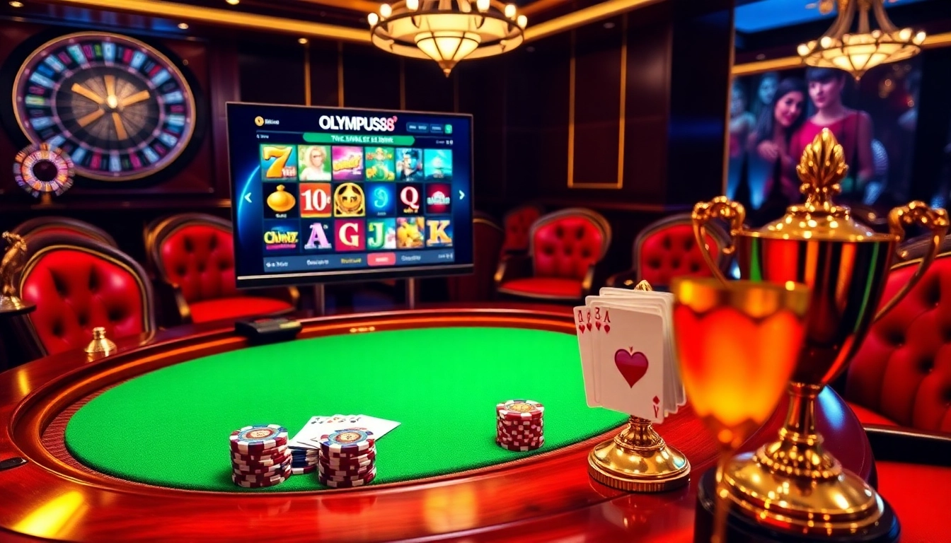 Win at OLYMPUS88 with vibrant casino elements including poker chips and an online game interface.