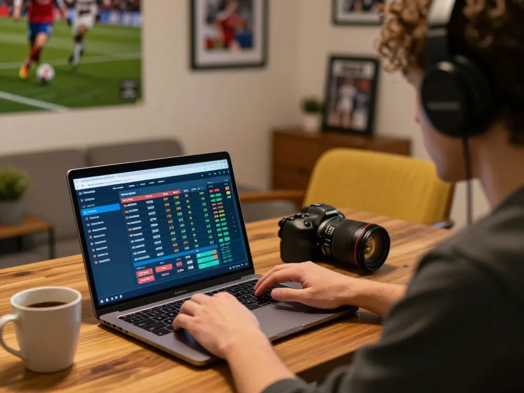 Person engaged in sports betting on janadenole, assessing live odds on their laptop in a cozy home environment.