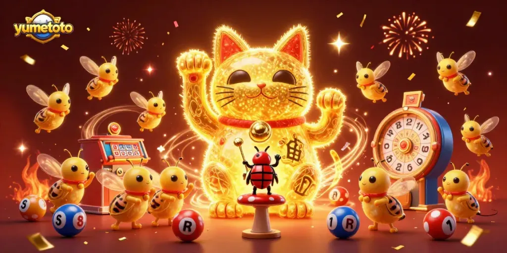 Engage in thrilling lottery action with yumetoto's vibrant 3D illustration of a lucky cat and gaming elements.