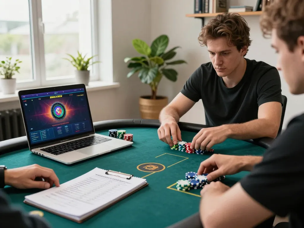 Player analyzing ZEUS222 online poker game strategy with chips and laptop.