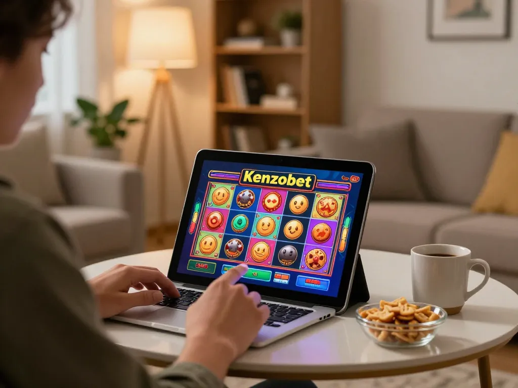 Players engaging with Kenzobet slot games on a tablet in a cozy home environment.
