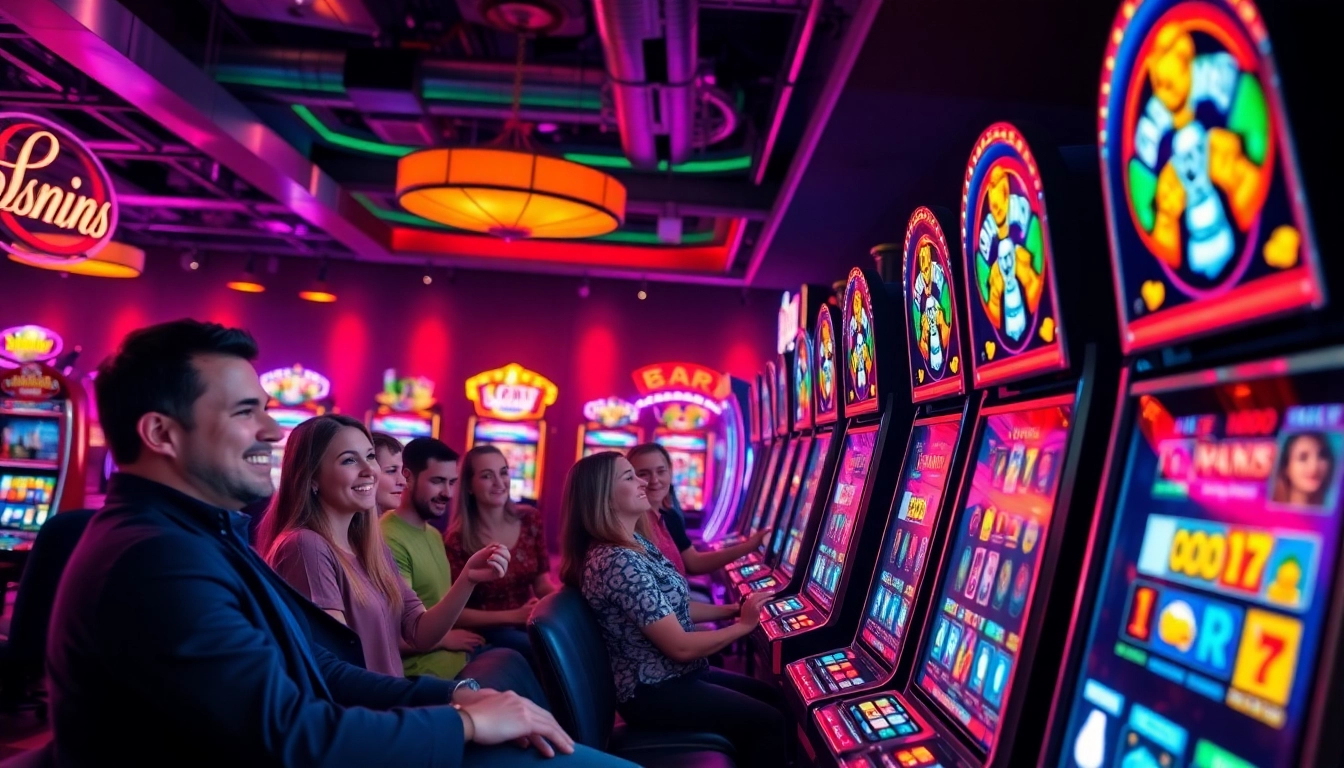 Slot mesin kasino dengan pemain bersemangat di ruangan permainan yang cerah.
