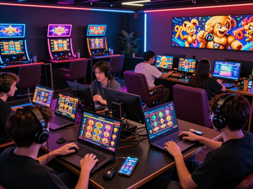 Pemain VIRUS88 yang menarik sedang bermain permainan slot di ruang permainan online yang penuh warna.