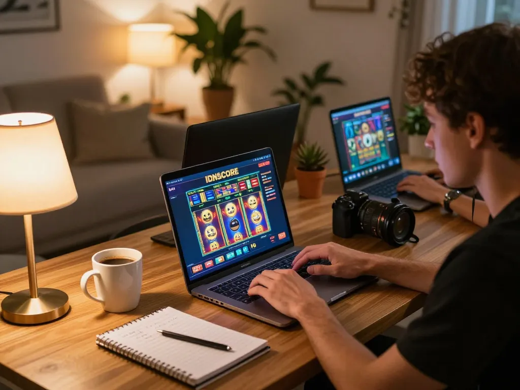 Player engaging with IDNSCORE online casino platform, showcasing vibrant slot games and strategic notes in home setting