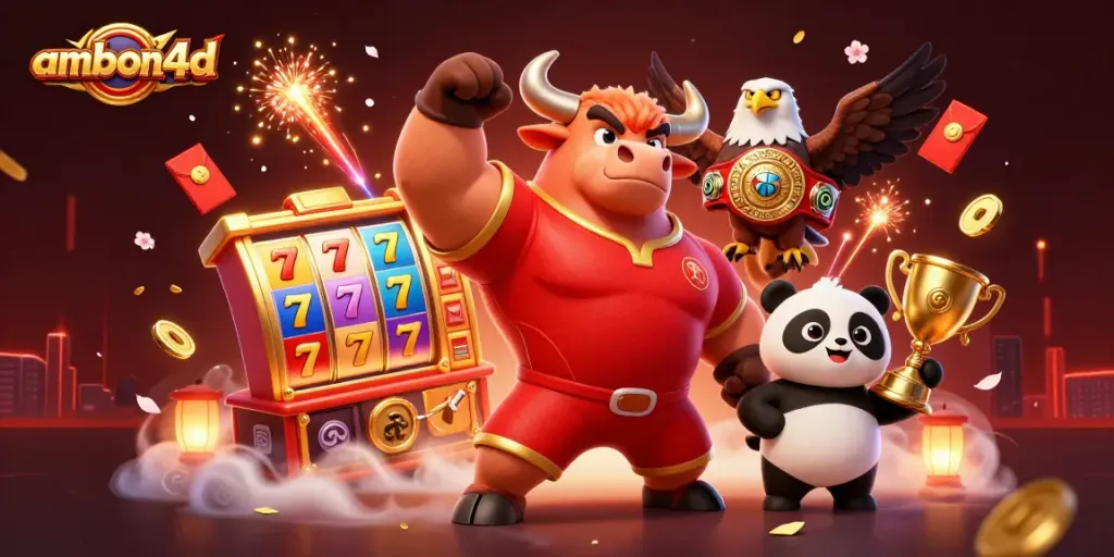 Experience the thrill of ambon4d with vibrant slot reels and dynamic casino mascots celebrating victory.