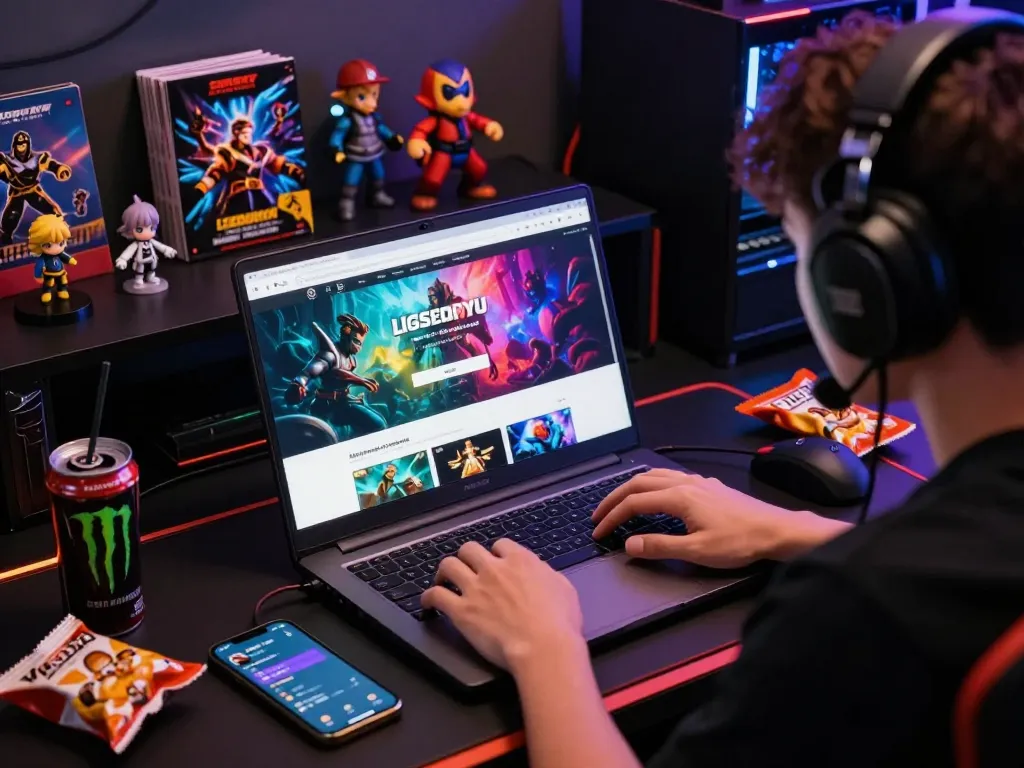 Gaming enthusiast engaged in ligasedayu login on laptop, vibrant gaming setup with snacks and energy drinks visible.