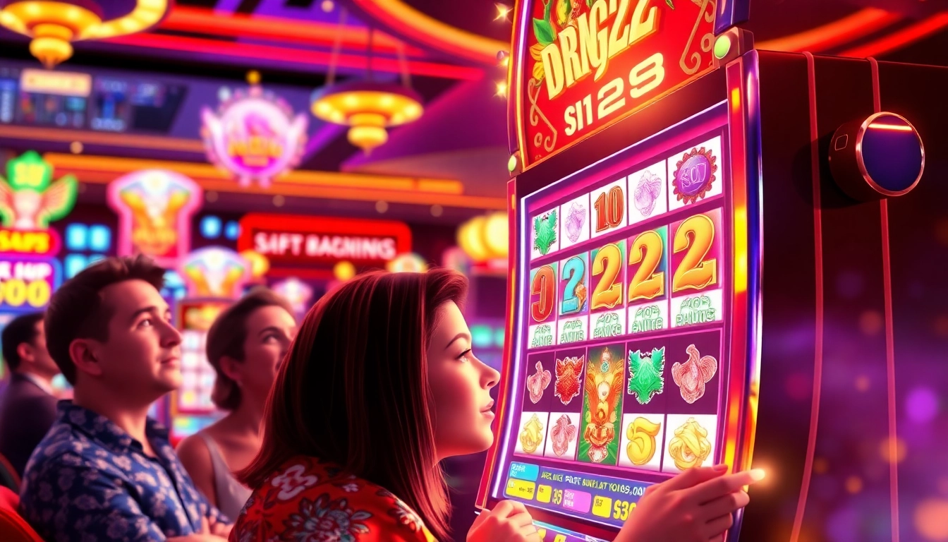 Menangkan hadiah besar dalam DRAGON222 slot dengan mesin slot bercahaya dan pemain bersorak.